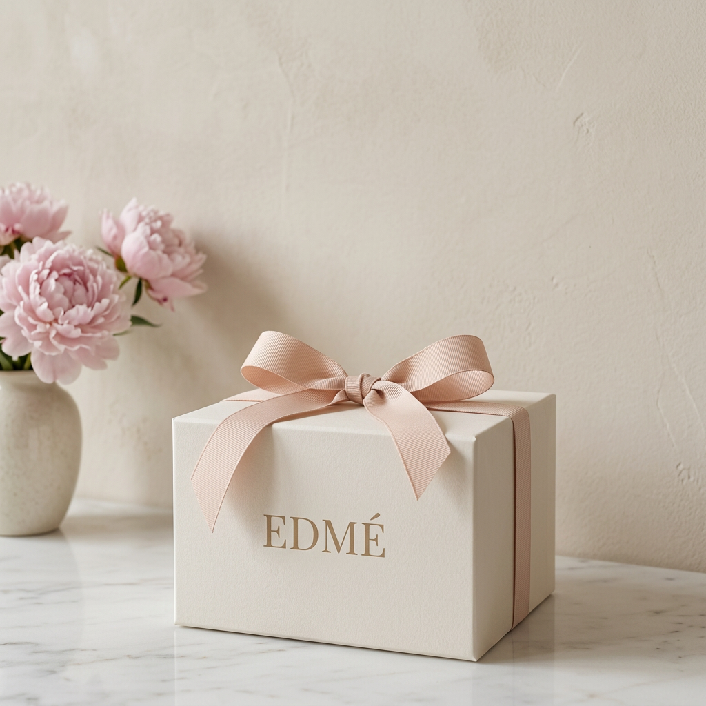 Ivoren geschenkdoos met poederroze lint voor chinoiserie-behang in blush en goud