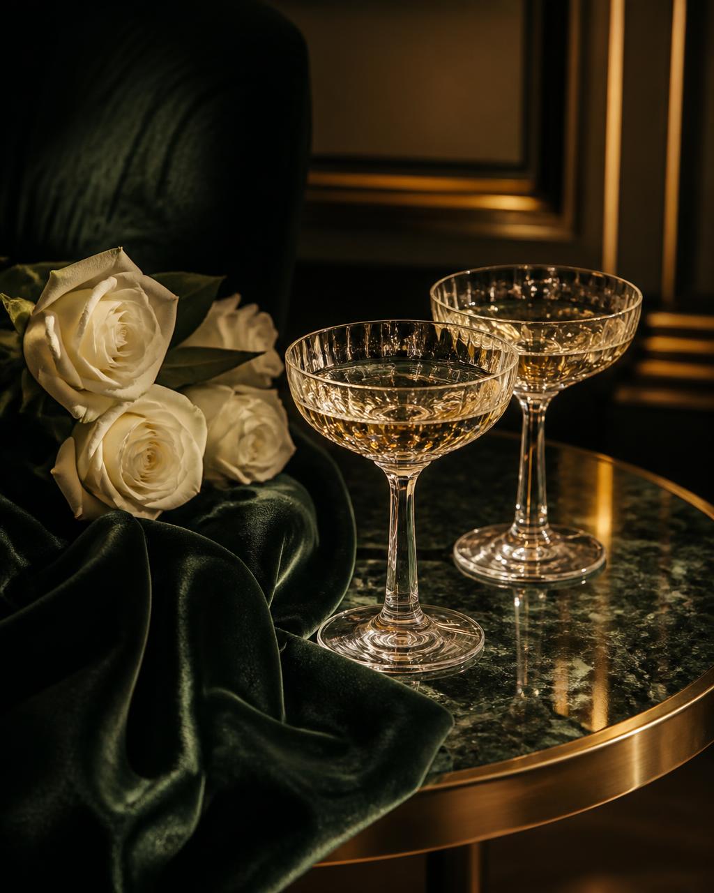 Twee kristallen coupes op groen fluweel met witte rozen
